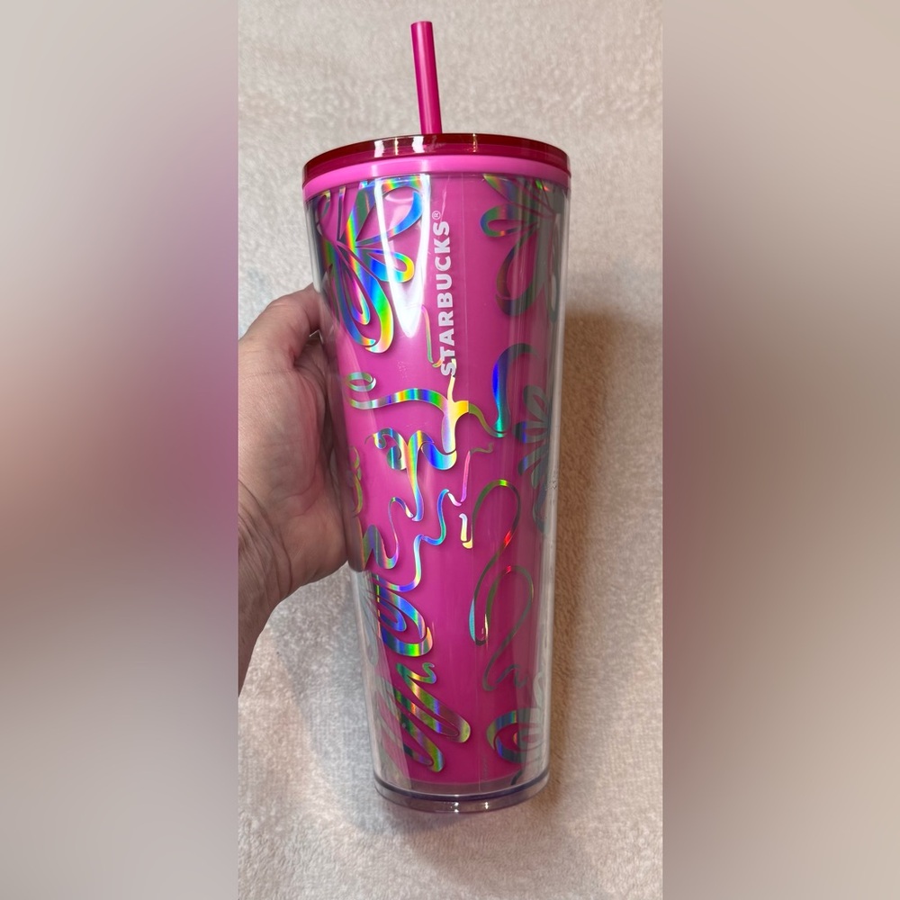 Starbucks Hot Pink Silver Bows Ribbons Color Change tumbler
